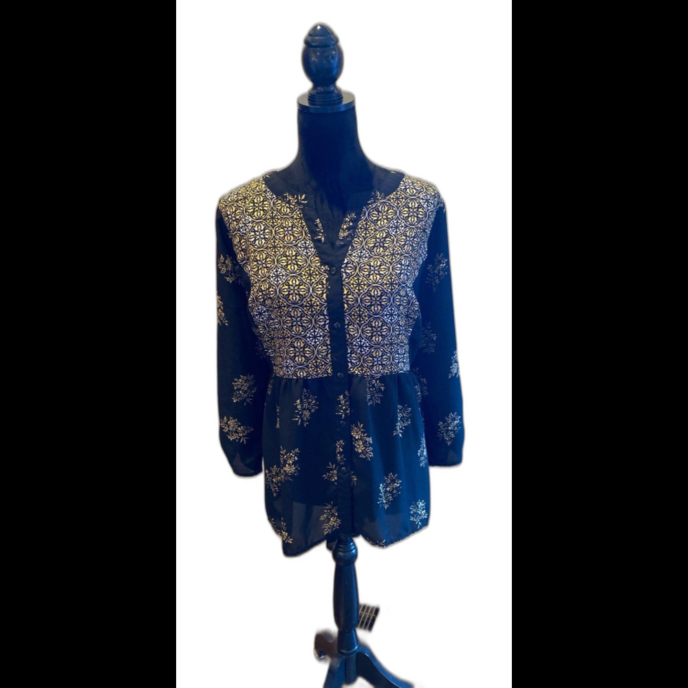 Chelsea‎ Studio Blouse Plus Size 22 24 Button down Gathered Waist Gold Cream